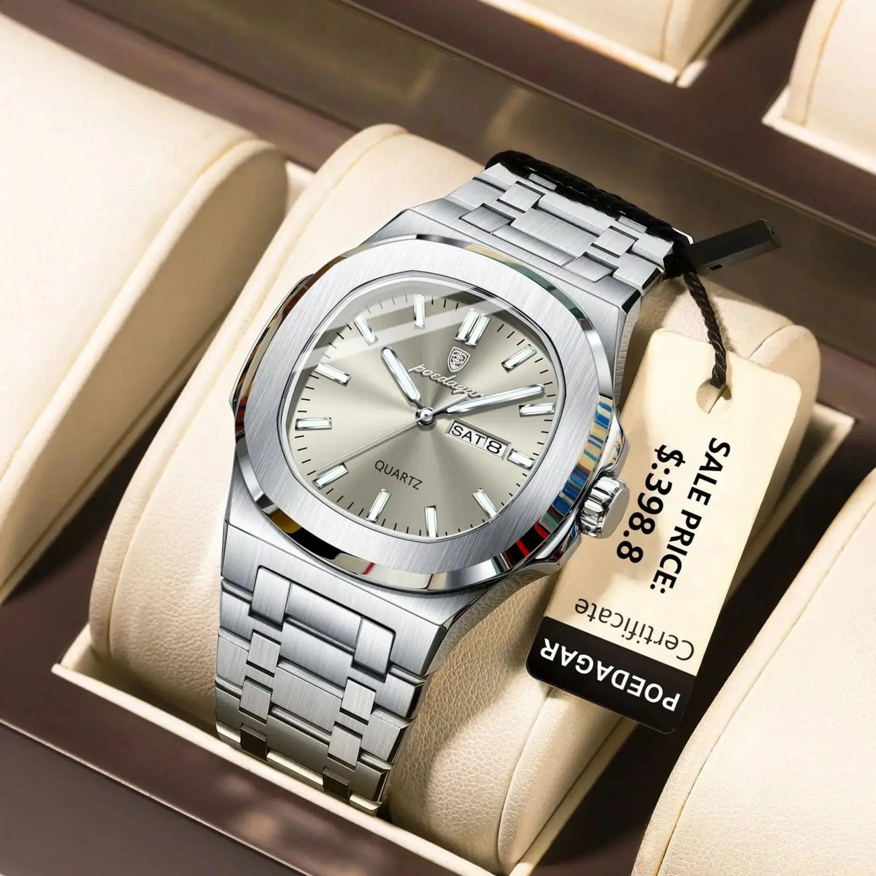 POEDAGAR Trendy Casual Wristwatch For Men Week Date Stainless Steel Man Watch Luminous Waterproof Luxury Quartz Men Watches+Box Vera Lux