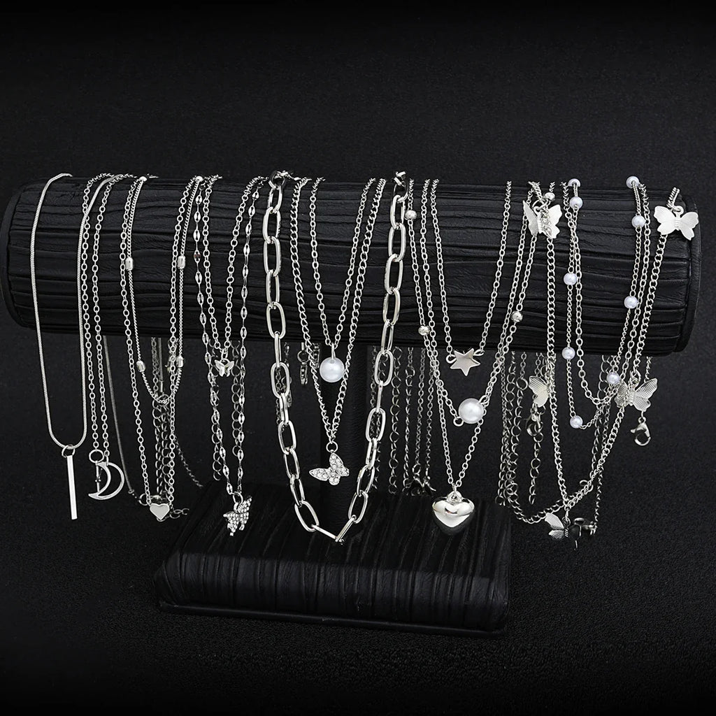 13Pcs/Set Simple Temperament Necklace Set Butterfly Pearl Heart Star Zircon Silver Color Necklace for Women Fashion Jewelry Gift Vera Lux