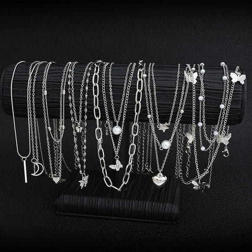 13Pcs/Set Simple Temperament Necklace Set Butterfly Pearl Heart Star Zircon Silver Color Necklace for Women Fashion Jewelry Gift Vera Lux