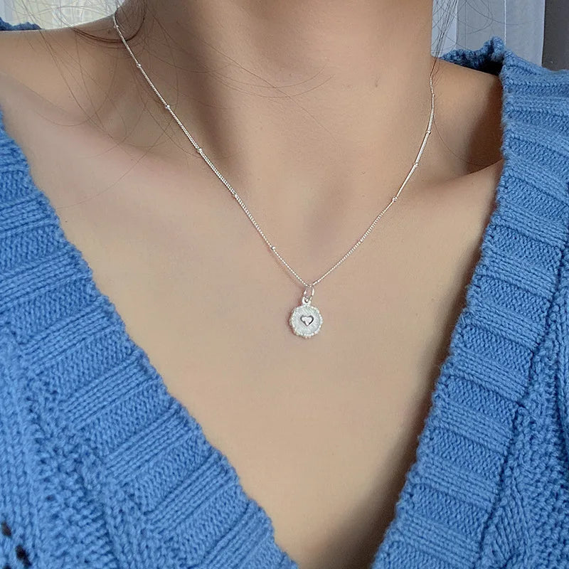 VENTFILLE 925 Sterling Love Heart Texture Bead Necklace for Women Girl Stereoscopic Design Double Sided Jewelry Gift Wholesale Vera Lux
