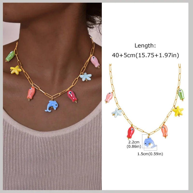 18k Gold Plated Pearl Shell Conch Starfish Summer Beach Necklace, Charms Necklace for Women,Stainless Steel Waterproof Jewelry Vera Lux