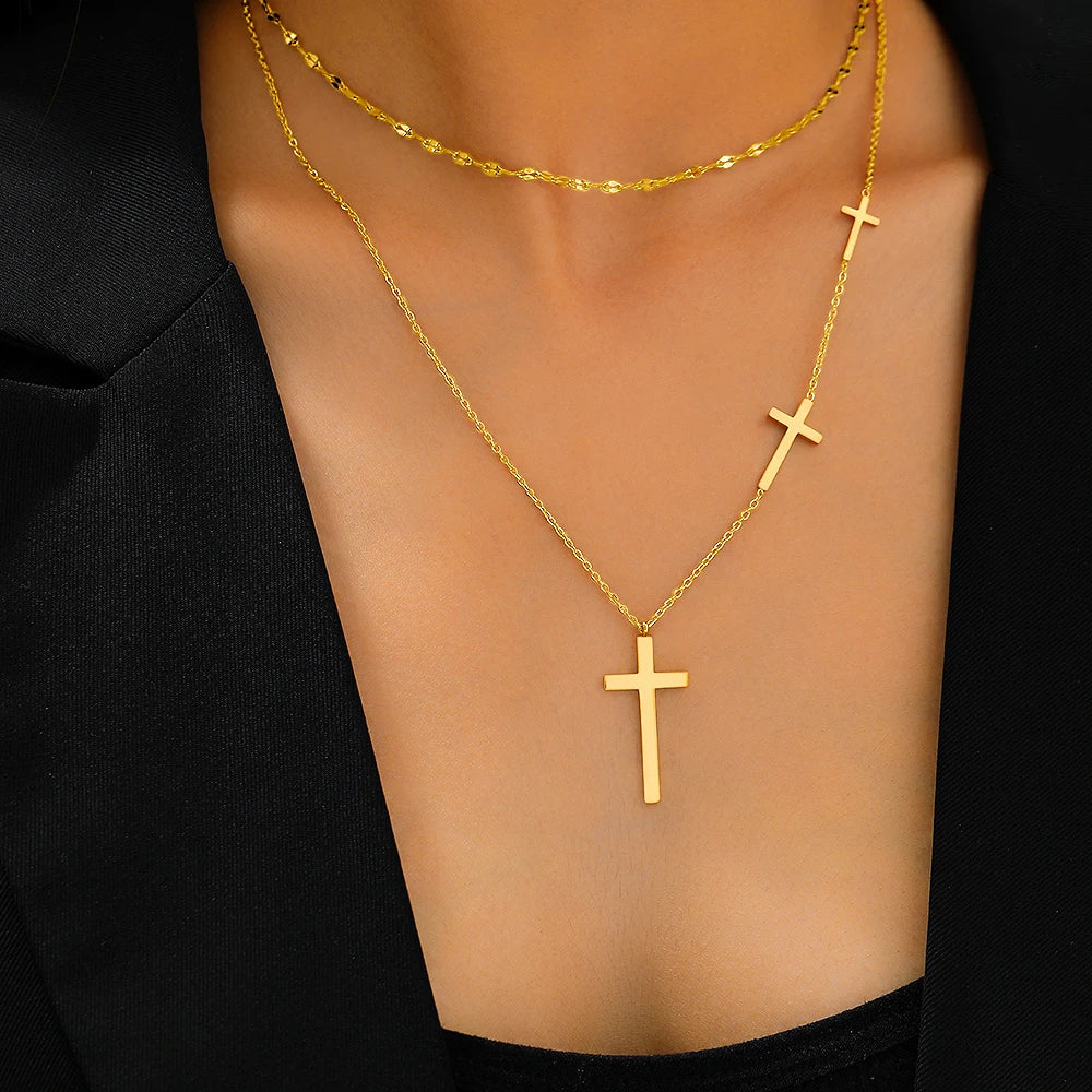 DOTIFI Stainless Steel Necklaces Cross Pendant Choker Double Stacked Wear Light Luxury Fine Necklace For Women Jewelry Vera Lux