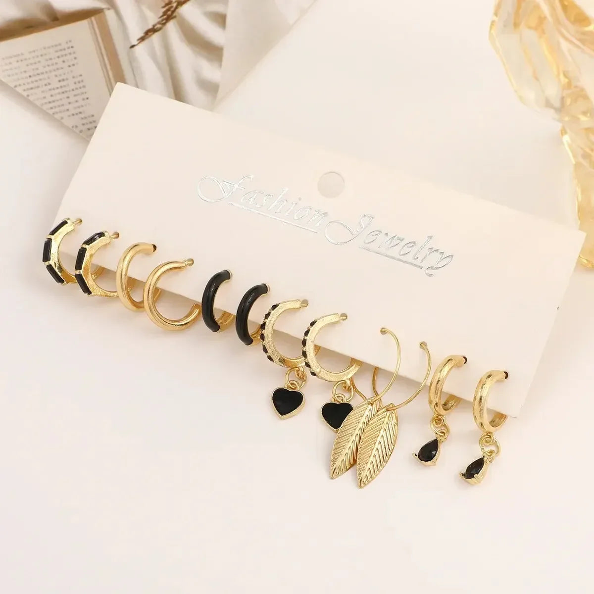 Simple 11 Pcs Black Heart  Leaf Butterfly Earrings Set for Women Fashion Temperament Hoop Earring Holiday Wedding Jewelry Gift Vera Lux