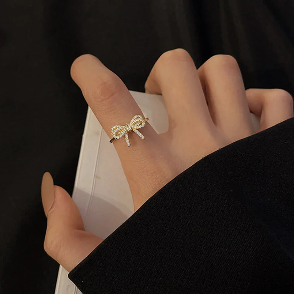 Yupsk Korean Fashion Micropaved Crystal Zirconia Bow Ring for Women Girls Exquisite Ins Trendy Minimalist Finger Rings Jewelry Vera Lux