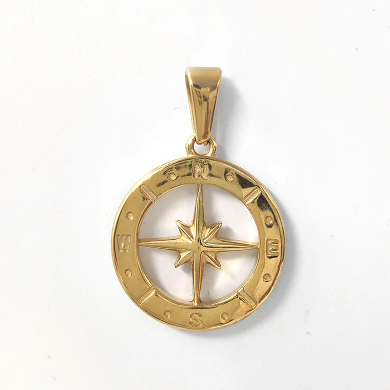 Hip Hop Men 18K Gold Plated Stainless Steel Compass Pendant North Star Charm Necklace Waterproof Jewelry For Men Gift Vera Lux