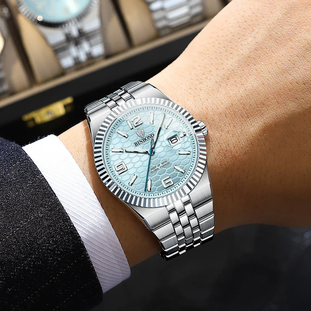 BINBOND High Quality Original Men Clock Waterproof Luminous Date Luxury Man Watch Stainless Steel Quartz Men's Watches Male Vera Lux
