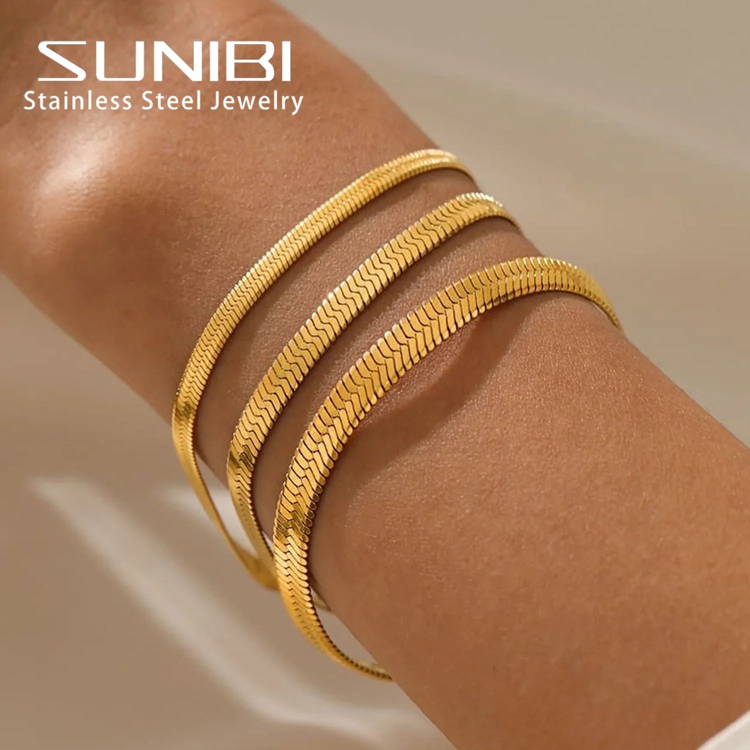 SUNIBI Women Trend Classic Snake Chain Bracelet Gold Color Width 2/3/4/5MM Stainless Steel Chain Bracelet For Women Jewelry Gift Vera Lux