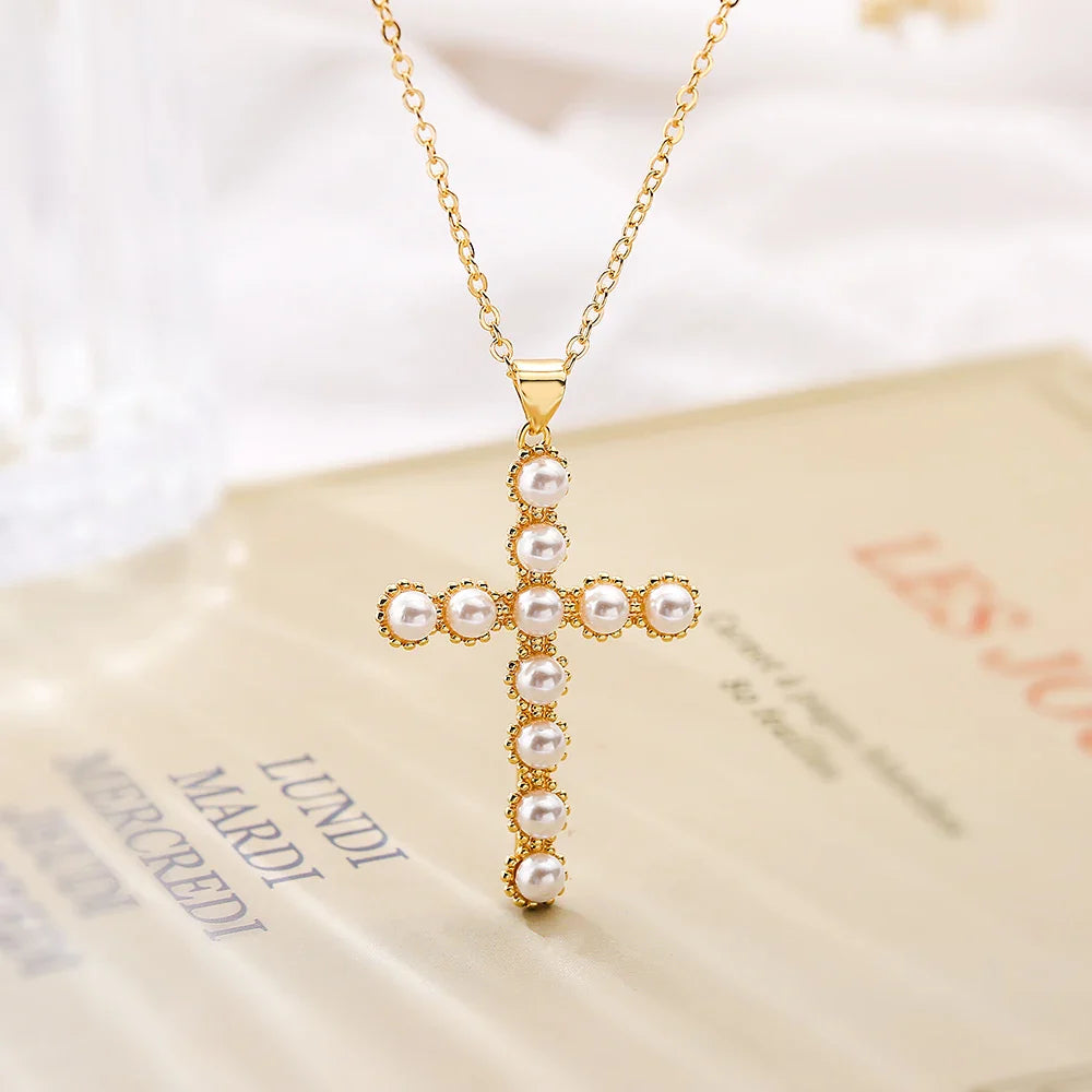 NEWBUY Classic Design Cross Pendant Gold Color 316L Stainless Steel Chain Necklace For Women Luxury Pearl Jewelry Vera Lux