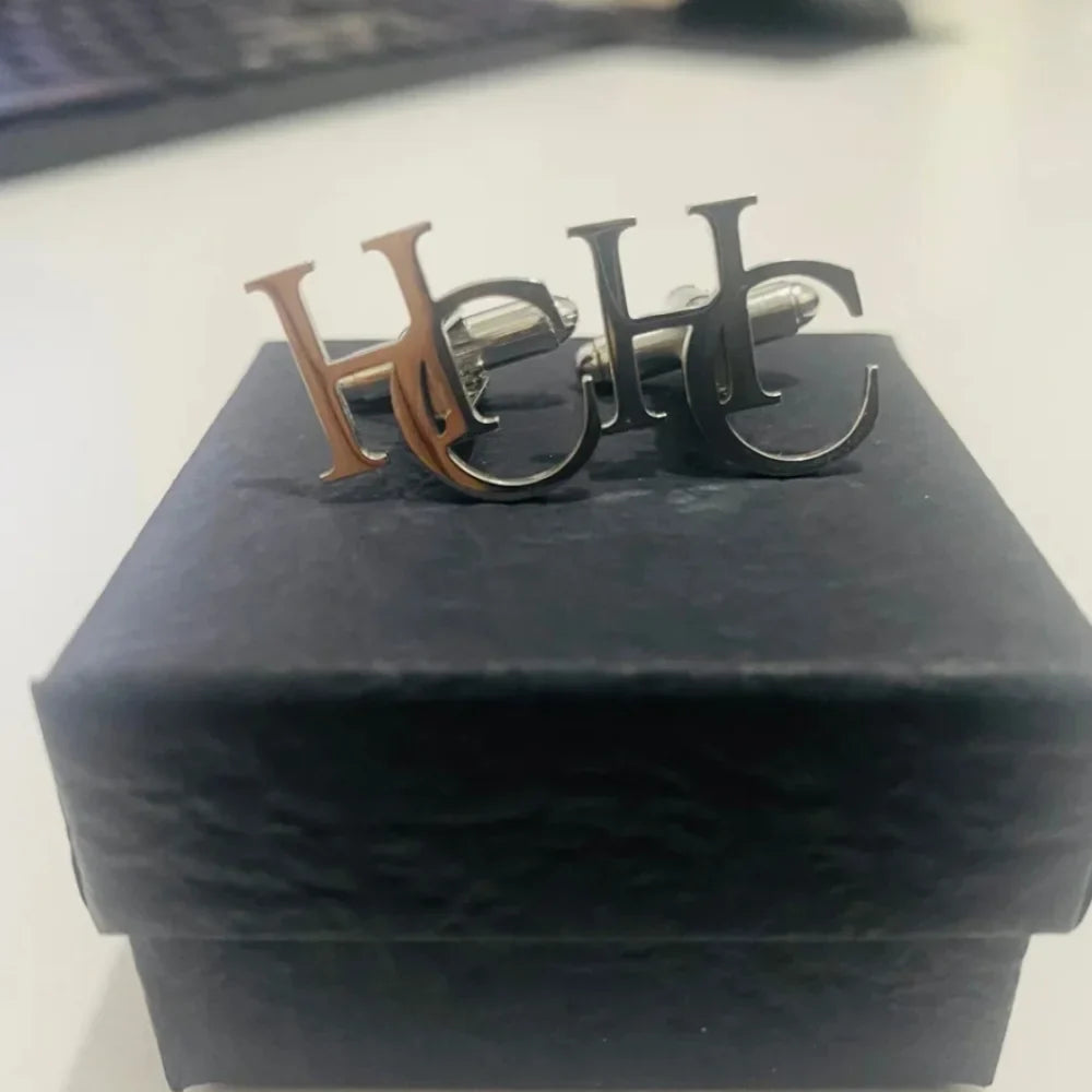 Tangula Custom Men's Stainless Steel Cufflinks For Groom Initials Cufflinks With Oak Gift Box Wedding Bridegroom Jewelry Gift Vera Lux