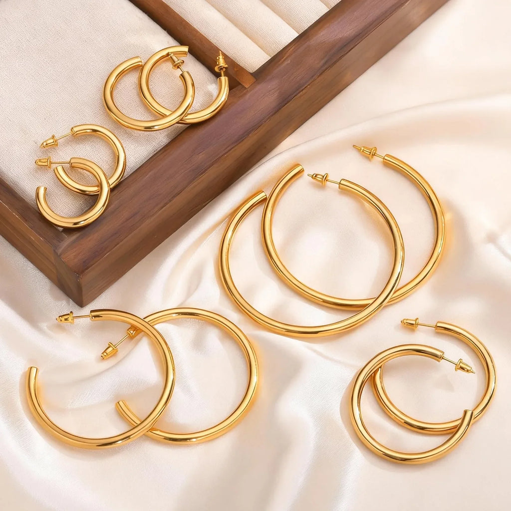 Waterproof Chunky Circle Hoop Earrings For Women, Gold Plated Stainless Steel Loop Earring 25/42/50/63mm Vera Lux