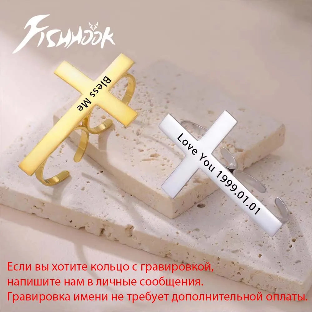 Cross Personalized Name Finger Ring Custom Gift For Woman Men Gold Color Stainless Steel Jesus Christian Amulet Talisman Jewelry Vera Lux