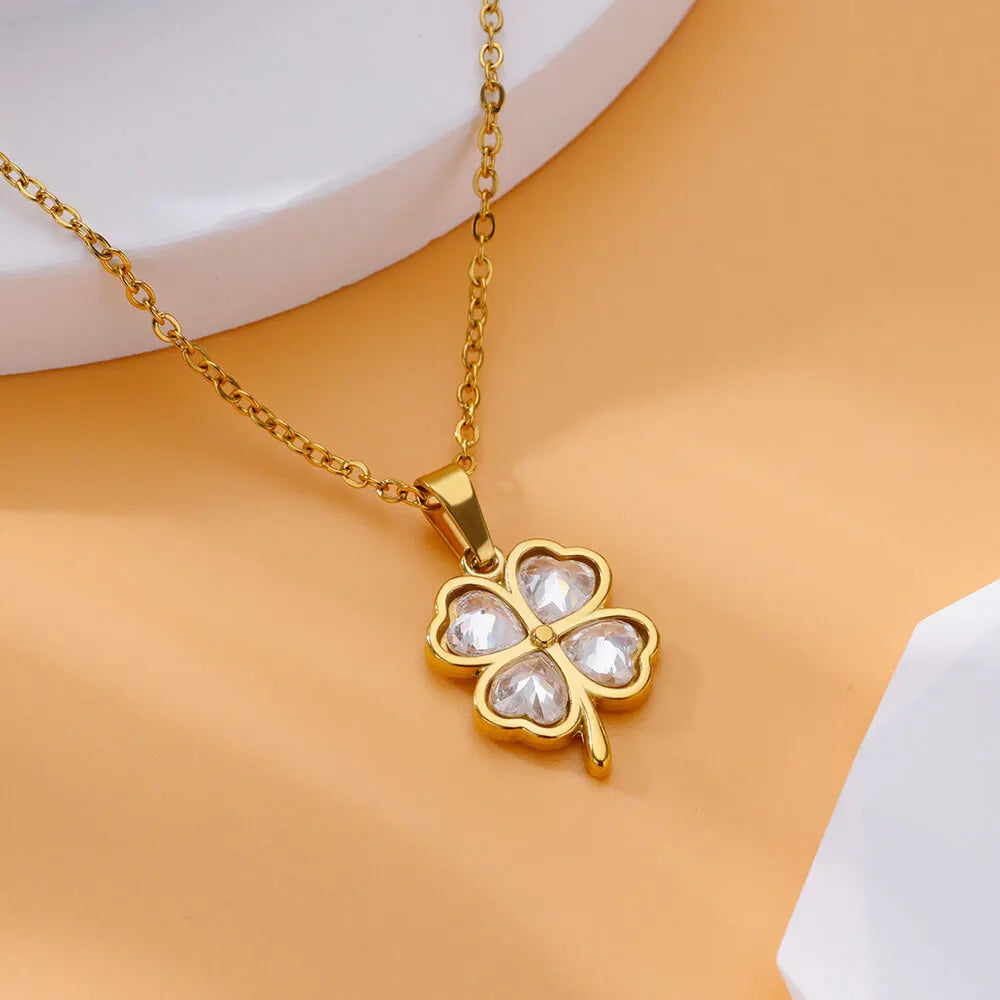 Four Leaf Clover Stainless Steel Necklaces For Women Green Zircon Gold Color Quality Jewelry Pendant Necklace Gift Free Shipping Vera Lux