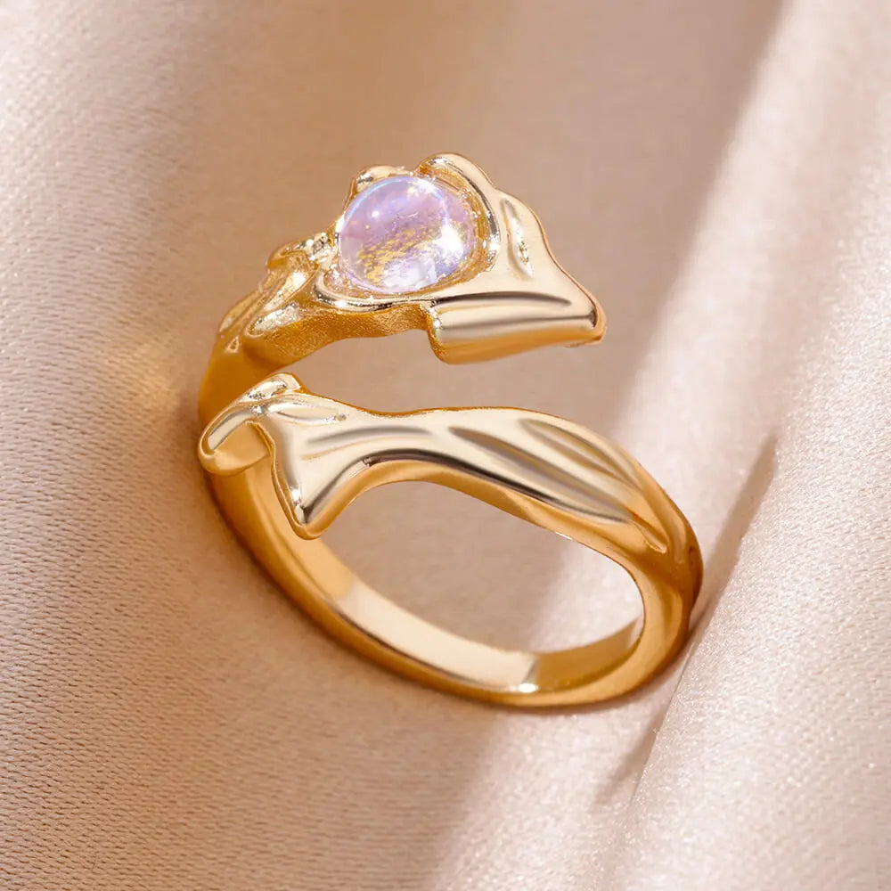 Stainless Steel Rings For Women Gold Color Fashion Heart Zircon Opening Ring Female Finger Wedding Party Jewelry Gift Vera Lux