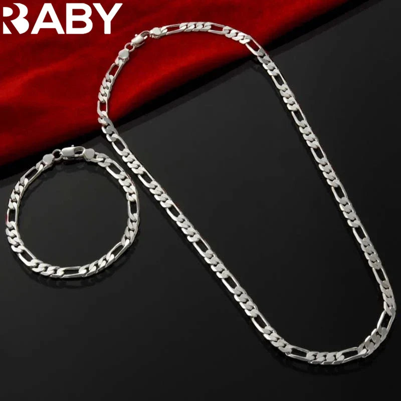 Noble new arrive 925 sterling silver 4MM chain for men Women Bracelet Necklace jewelry set lady Christma gifts charms wedding Vera Lux