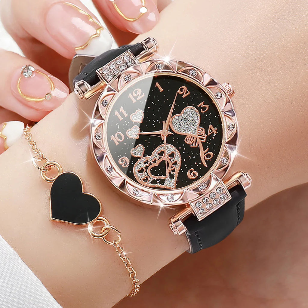 4PCS/Set Women's Watches Fashion Rhinestone Ladies Quartz Watch Leather Band Wristwatches Bracelets Set（Without Box） Vera Lux