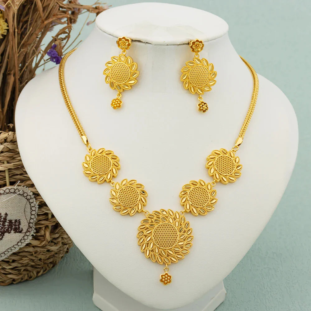 Round Jewelry Set Design for Women African Hot Sale Copper Hoop Earrings Flower Necklace Gold Plated Pendant Party Wedding Gifts Vera Lux