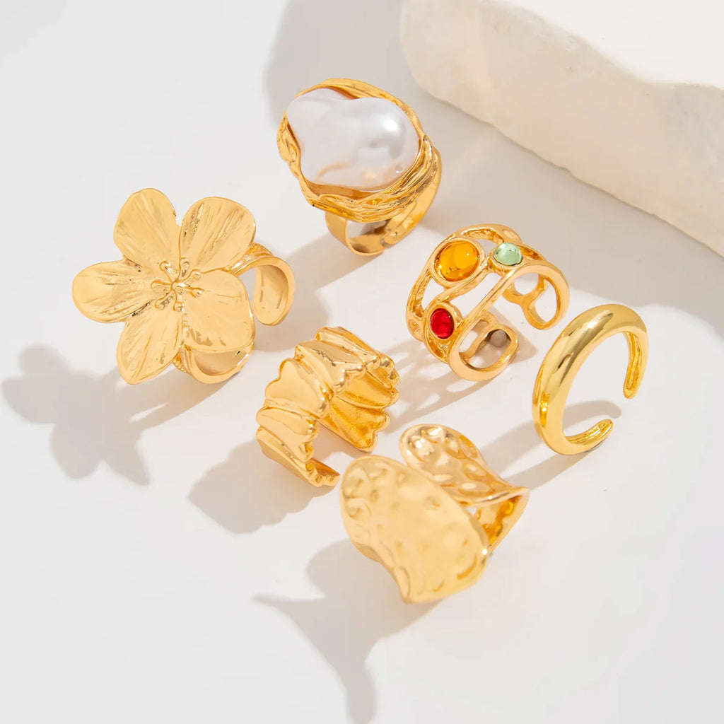 6pcs/Set Vintage Metal Flower Ring Set for Women Punk Elegant Baroque Faux Pearl Knuckle Rings Daily Wear Party Holiday Gifts Vera Lux