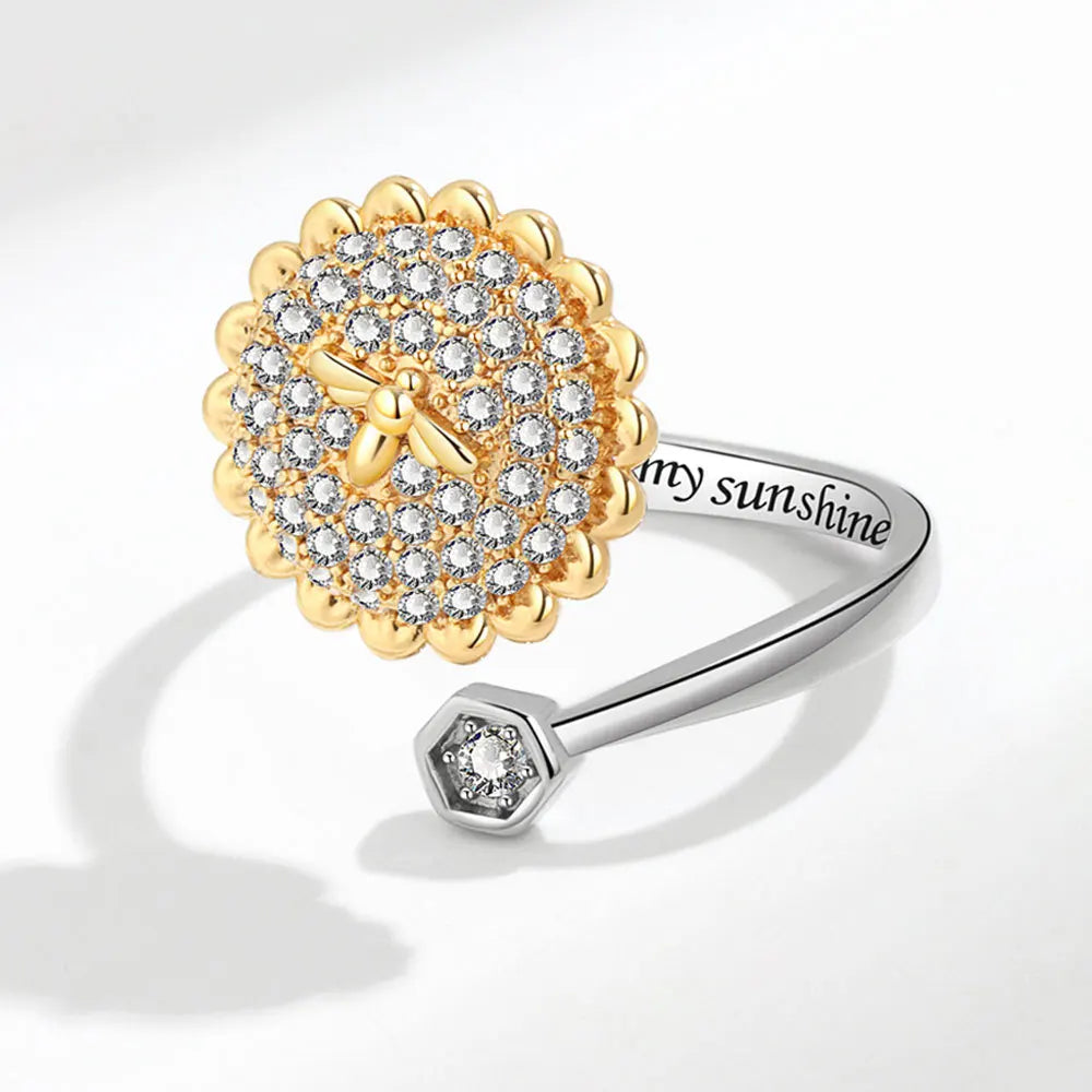 Shining Crystal Sunflower And Bee Fidget Spinner Rings For Women Anti Anxiety Control Anti Stress Rotating Ring Girls Gift Vera Lux