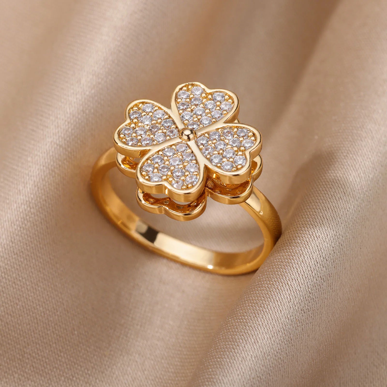 Zircon Rotatable Four Leaf Clover Anxiety Rings For Women Stainless Steel Anti-Stress Fidget Spinner Ring Aesthetic Jewelry Gift Vera Lux