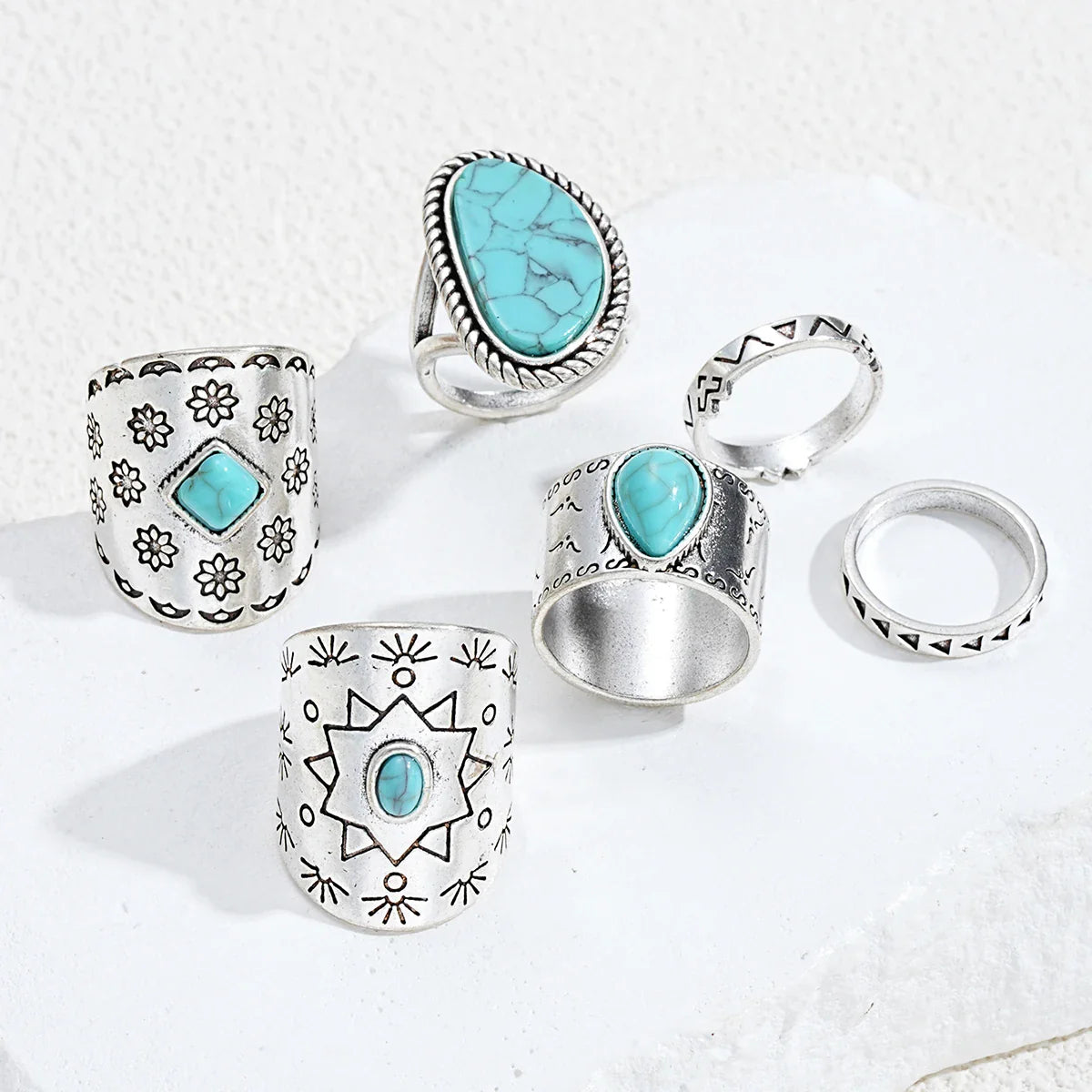10pcs Trendy Western Style Rings Set for Women Men Vintage Turquoise Bull Head Lotus Sun Design Ring Daily Outfits Jewelry Gifts Vera Lux