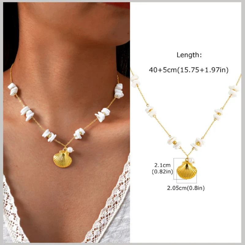 18k Gold Plated Pearl Shell Conch Starfish Summer Beach Necklace, Charms Necklace for Women,Stainless Steel Waterproof Jewelry Vera Lux