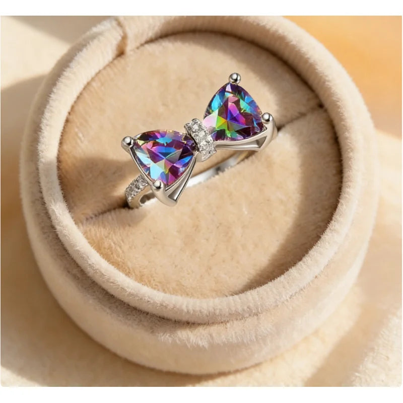 925 Sterling Silver Personality Multi-colored CZ Bow Rings for Women Bride Wedding Party Finger ring Nice Gift Fashion Jewelry Vera Lux