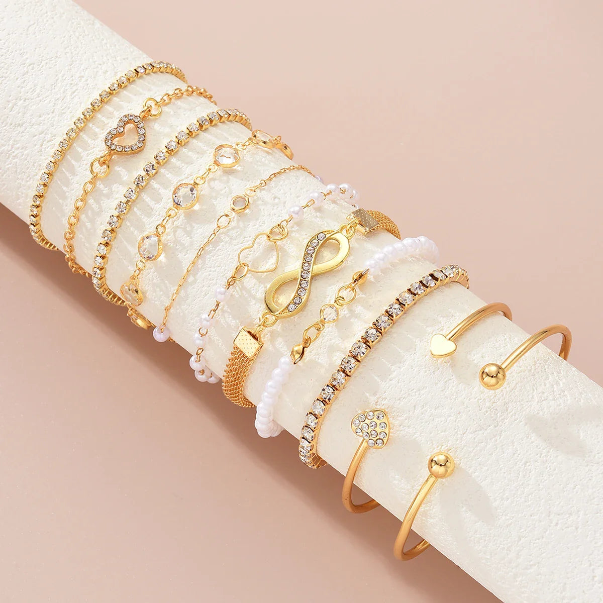 11 Pcs Boho Pearl Crystal Heart Infinity Sign Bracelets for Women Vintage Elegant Gold Color Bracelets Sets New Vacation Jewelry Vera Lux