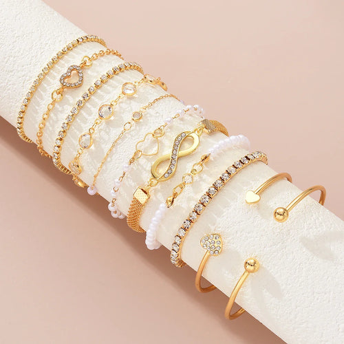 11 Pcs Boho Pearl Crystal Heart Infinity Sign Bracelets for Women Vintage Elegant Gold Color Bracelets Sets New Vacation Jewelry Vera Lux