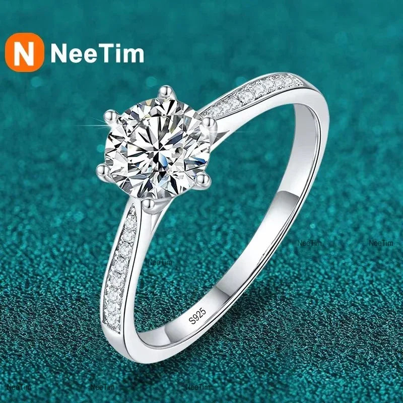 NeeTim 0.5-2ct Moissanite Wedding Ring for Women Sterling Silver Round Brilliant Diamond Solitaire Engagement Rings Certified Vera Lux