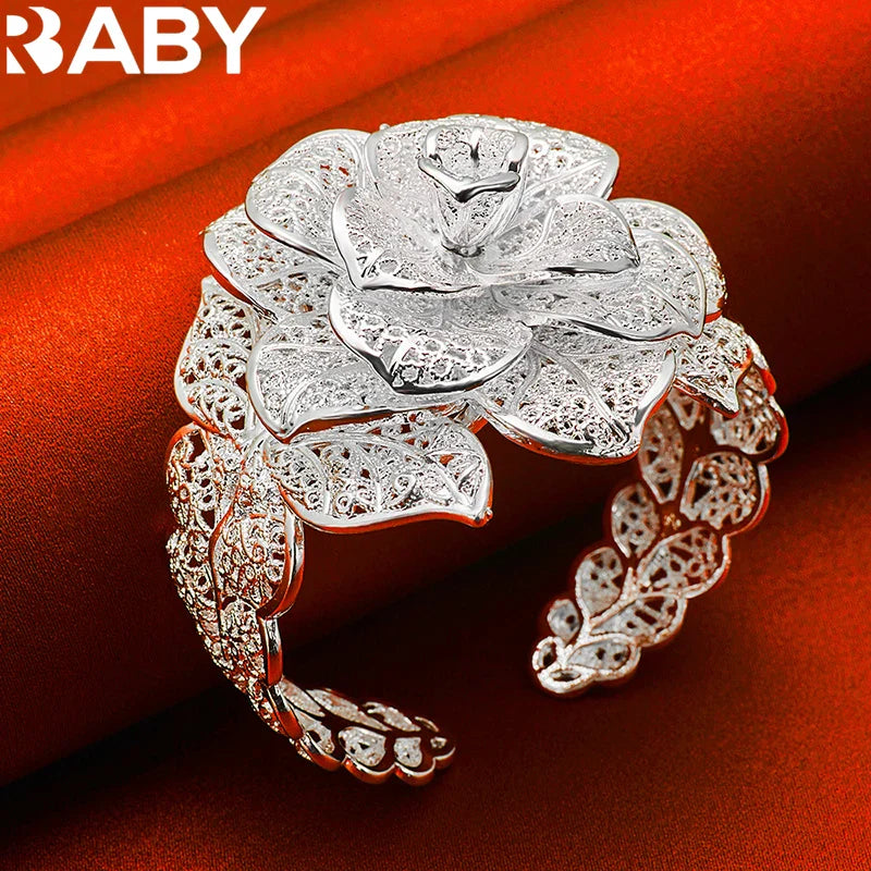 925 Sterling Silver Exquisite Pretty Camellia Flower Bracelet Bangles For Woman Charm Jewelry Wedding Engagement Fashion Party Vera Lux