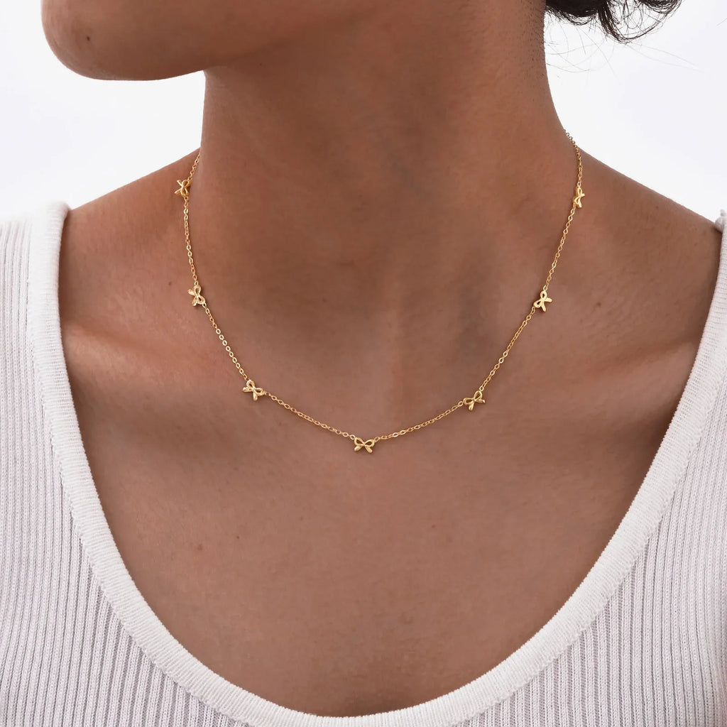 Charms Bow Necklace For Women, Bowknot Chain Choker Necklace, Stainless Steel Thin Link Exquisite Party Jewelry Vera Lux