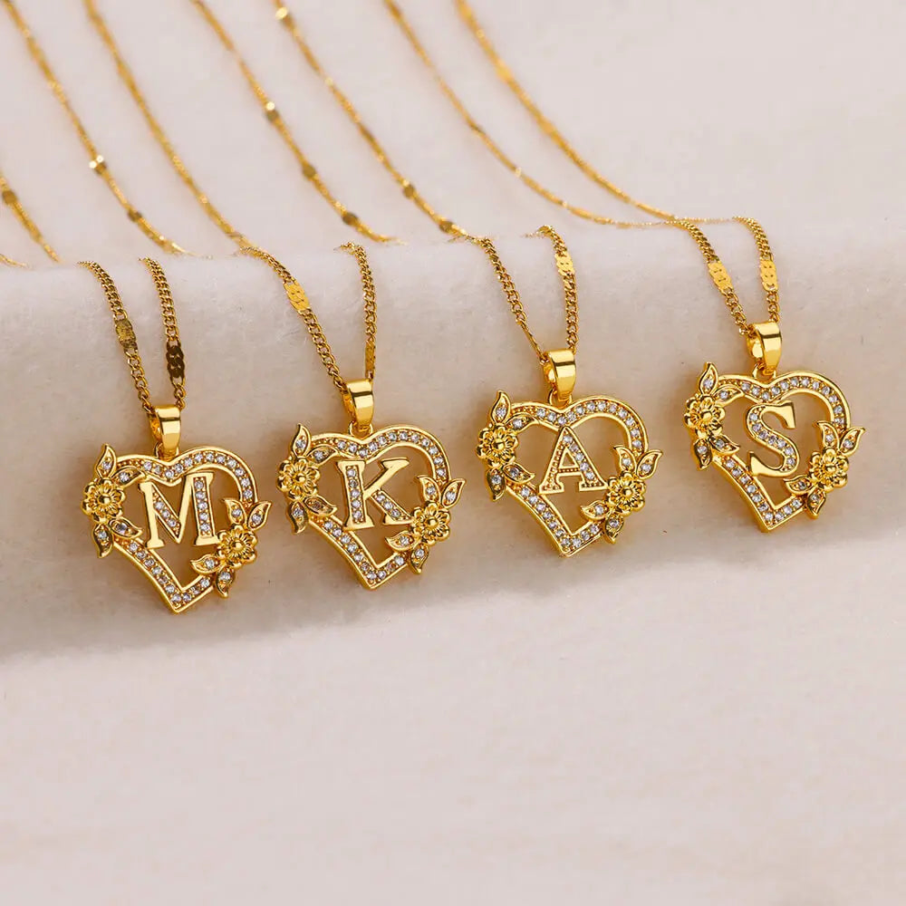 Zircon Flower Initials Necklaces For Women Stainless Steel Heart Gold Color Letter Chain Collar 2025 New Trend Wedding Jewelry Vera Lux