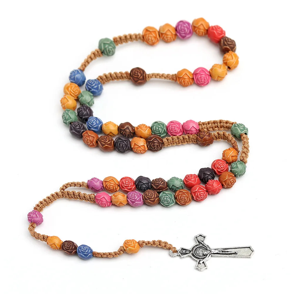 Christian Rose Beads Rosary Necklace For Women INRI Cross Crucifix Pendant Long Chain Female Fashion Religion Jewelry Gift Vera Lux