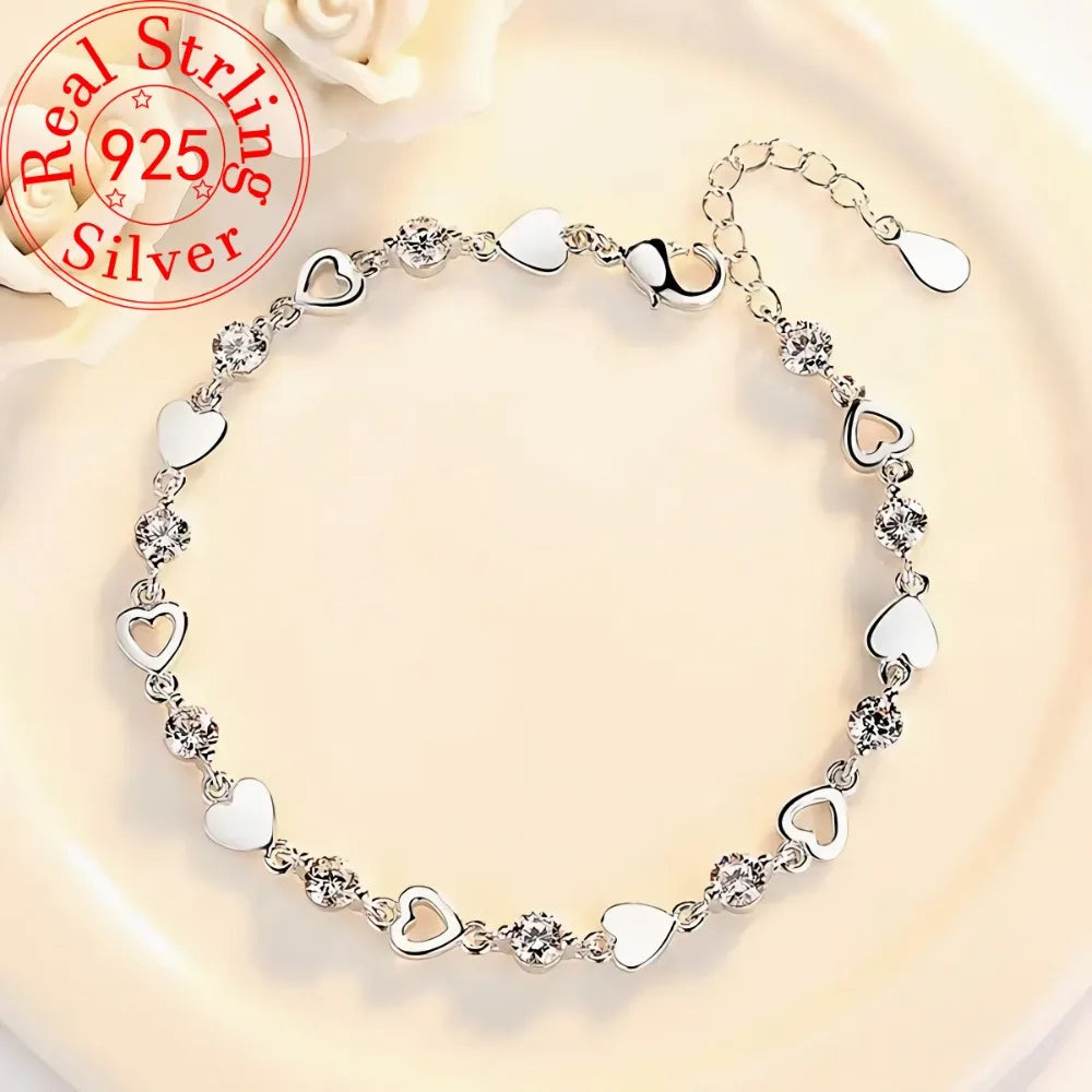 925 Sterling Silver Heart Shaped Necklace Bracelet Set for Women Vintage Korean Blue Crystal Bracelets Jewelry Set Party Jewelry Vera Lux