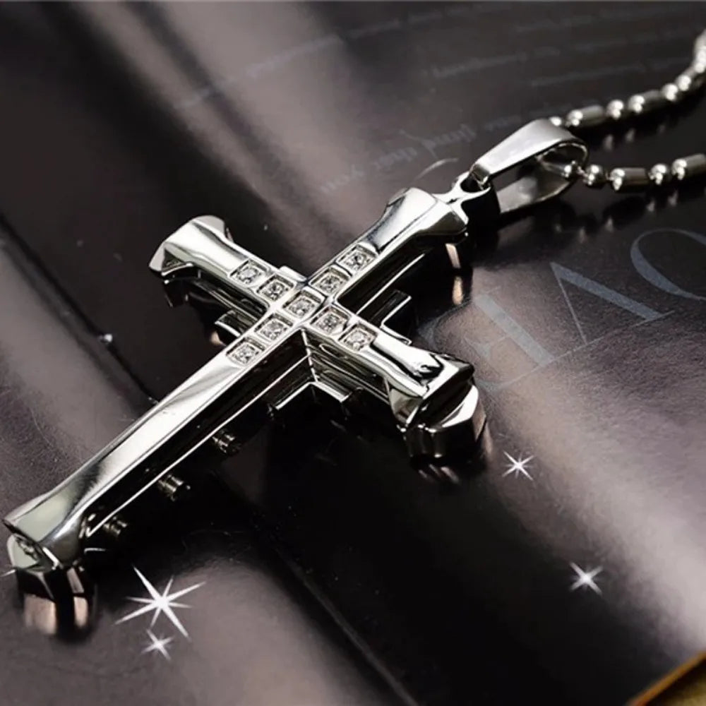 Men's Crystal Cross Pendant Necklace, Gold/Black/Blue Zirconia, Stainless Steel Jesus Cross Jewelry Vera Lux