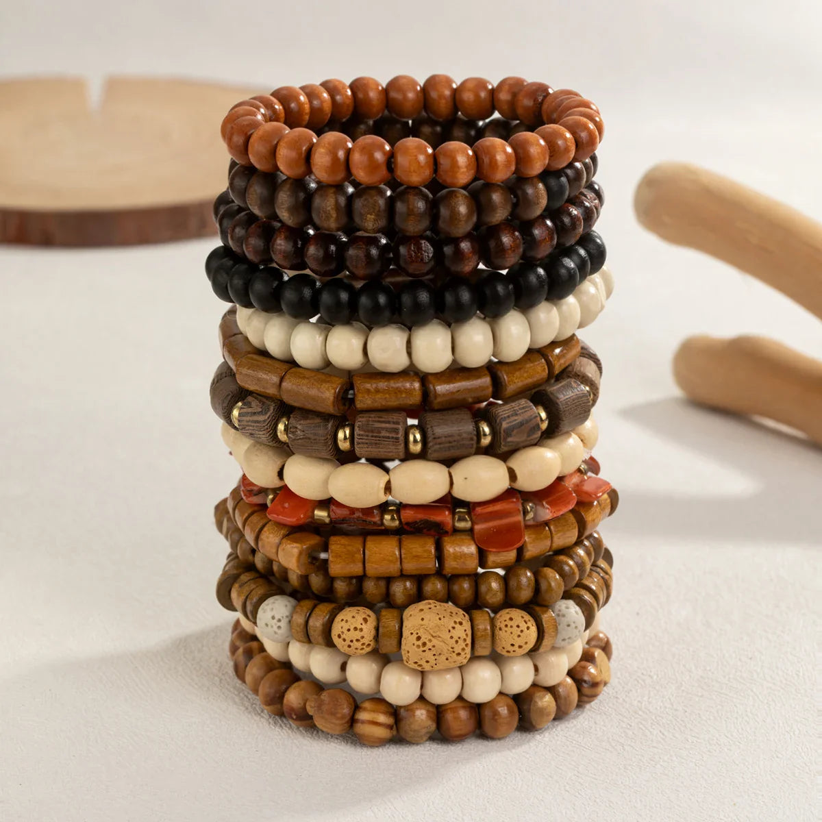 14 piece Bohemian style colorful wooden bead multi-layer layered neutral bracelet set suitable for gift giving Vera Lux