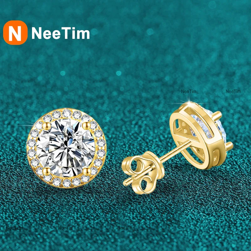 NeeTim 0.5ct 1ct 2ct Moissanite Stud Earrings For Women Party Bridal S925 Sterling Silver with Gold Plated Lab Diamond Earring Vera Lux