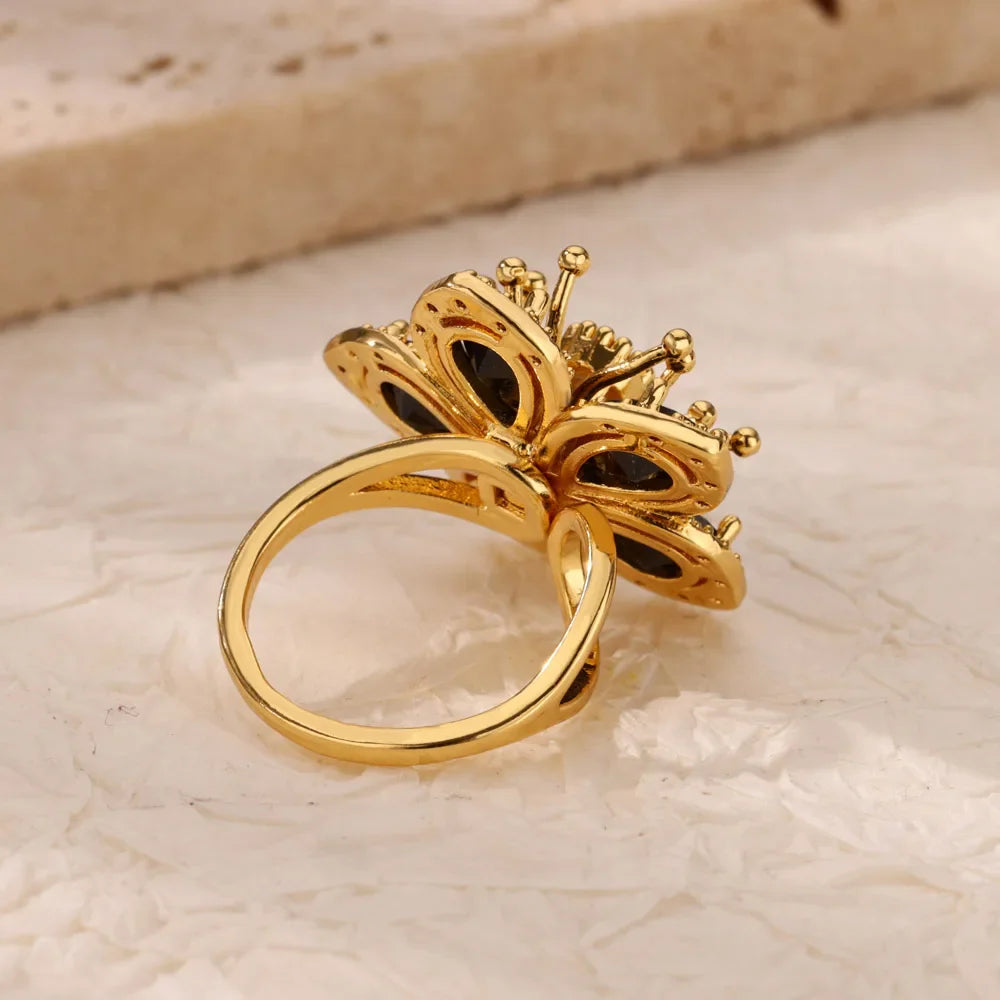 Luxury Colorful Zircon Flower Rings For Women Gold Color Stainless Steel Opening Ring Fashion Wedding Party Aesthetic Jewelry Vera Lux