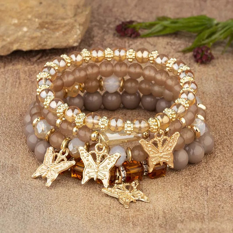 4Pcs Bohemian Butterfly Charm Bracelet Set For Women Crystal Beads Chain Bangle Female Fashion Party Jewelry Gift Vera Lux