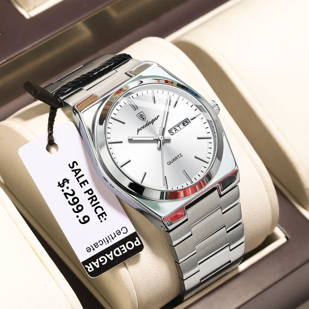 POEDAGAR Luxury Business Man Wristwatch Waterproof Luminous Stainless Steel Men Watch Date Week Fashion Quartz Men's Watches+Box Vera Lux