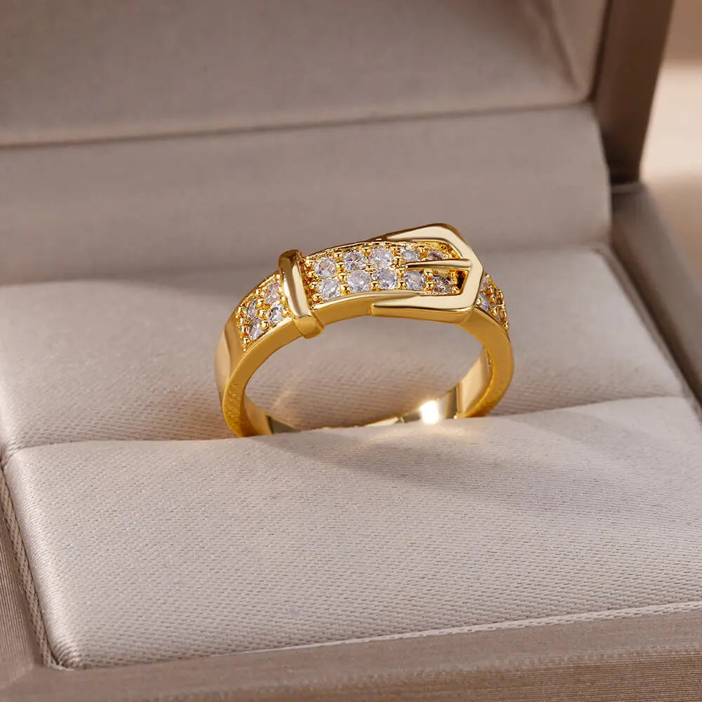 Stainless Steel Belt Rings For Women Zircon Adjustable Belt Finger Ring Femme Geometric Wedding Aesthetic Jewerly Gift anillos Vera Lux