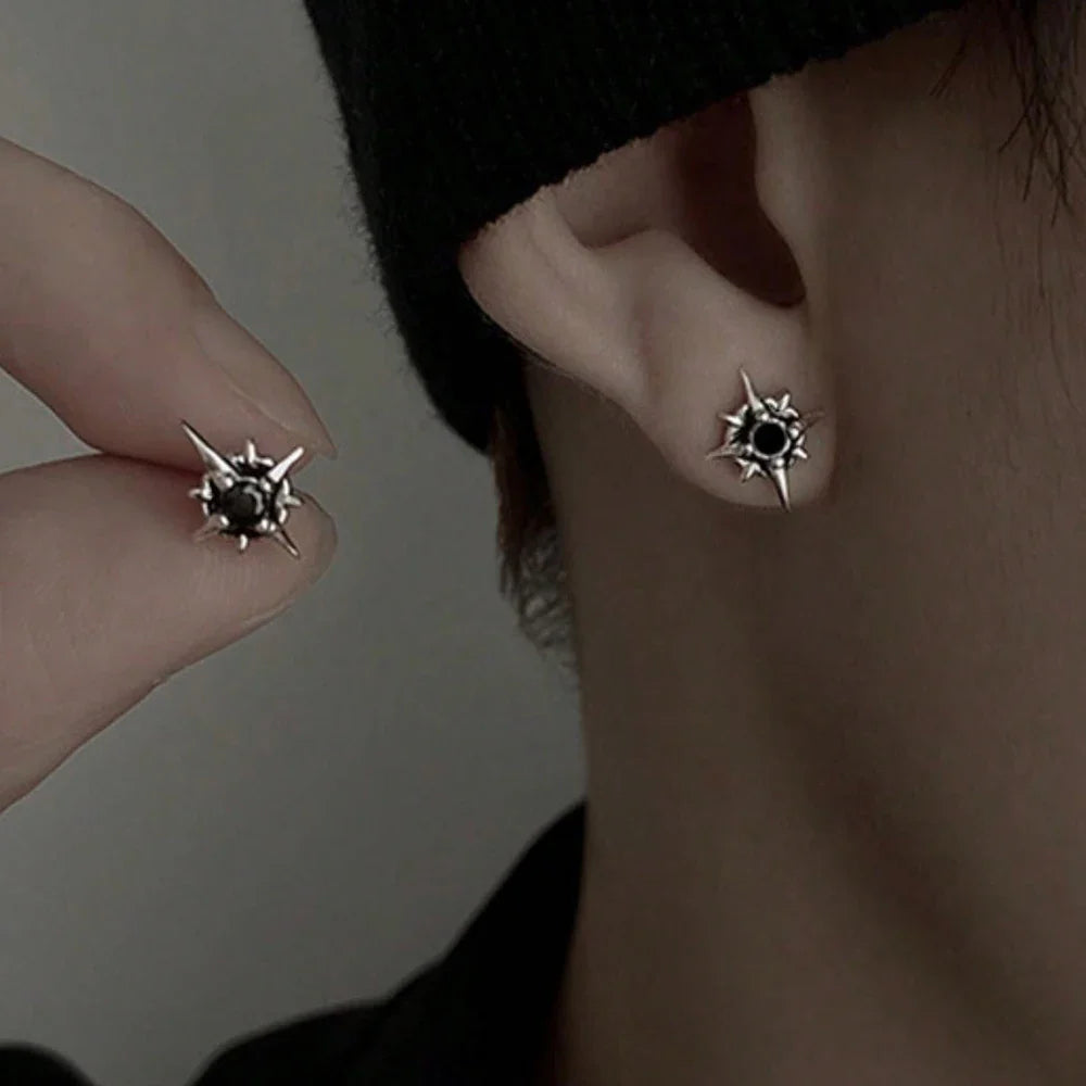 Black CZ Metal Star Earring Stud For Men Women Hip Hop Style Antique Silver Color Start Clear Crystal Couple Post Earrings Vera Lux