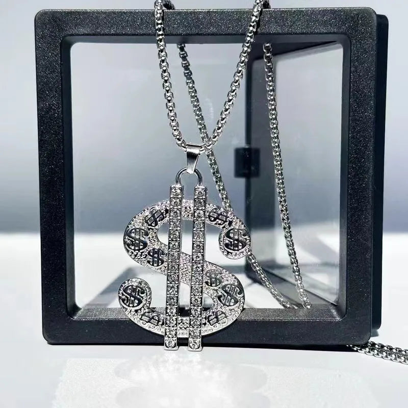 1pcs Creative Dollar Necklace Pendant Exaggeration Diamond S$ Pendant Necklace Male Hip Hop Personality Pendant Sweater Chain Vera Lux