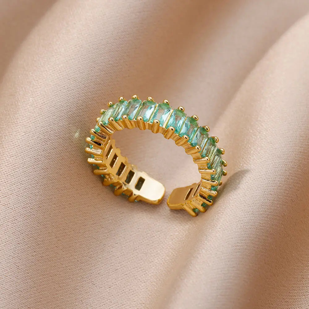 Gold Color Cubic Zircon Rings For Women Open Stainless Steel Green Luxury Crystal Finger Ring Boho Jewelry Wedding Party Gift Vera Lux