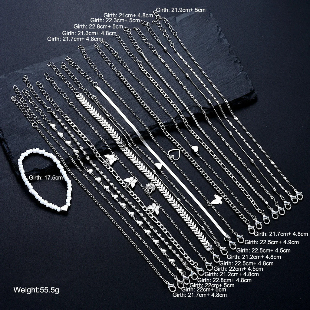 19Pcs/Set New Design Silver Color Anklet Sets for Women Fashion Pearl Butterfly Heart Crystal Foot Chain Versatile Daily Jewelry Vera Lux