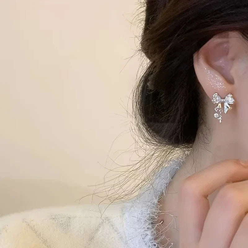 New Y2K Bowknot Zircon Stud Earrings for Women Fashion Korean Silver Color Pink Crystal Personality Earring Party Jewelry Gifts Vera Lux