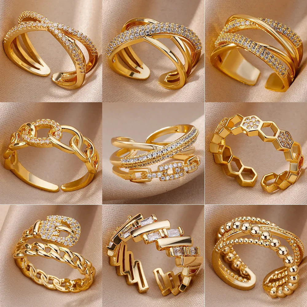 Fashion Gold Color Stainless Steel Rings For Women Chain Hollow Out Crystal Zircon Finger Ring Jewelry 2023 Gift anillos mujer Vera Lux