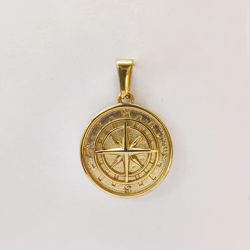 18K Gold Plated Stainless Steel Compass Pendant Necklace - Round Coin Design for Men & Women, Waterproof Unisex Jewelry Gift Vera Lux