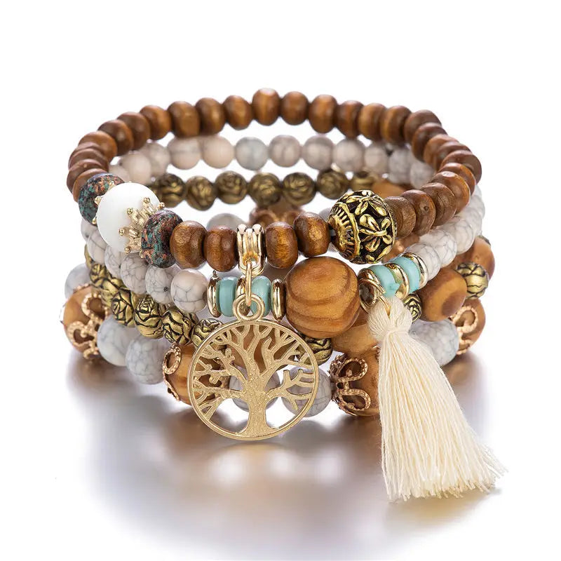 4Pcs Bohemia Tree Of Life Charm Beaded Bracelet Set For Women Handmade Wood Beads Chain Bangle Female Boho Jewelry Vera Lux