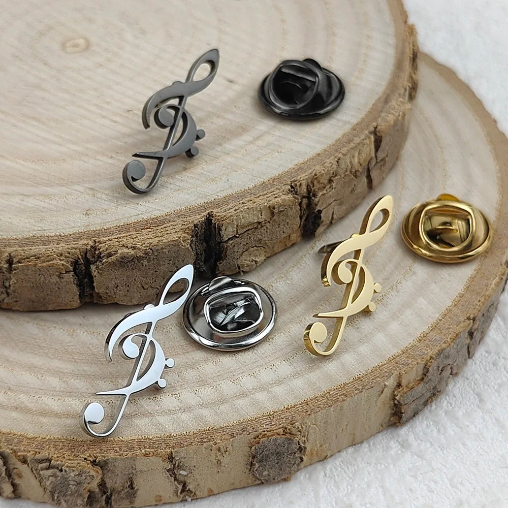 New music symbol men's lapel pin, 316L stainless steel gold-plated badge, black brooch for suit accessories, gift for father Vera Lux